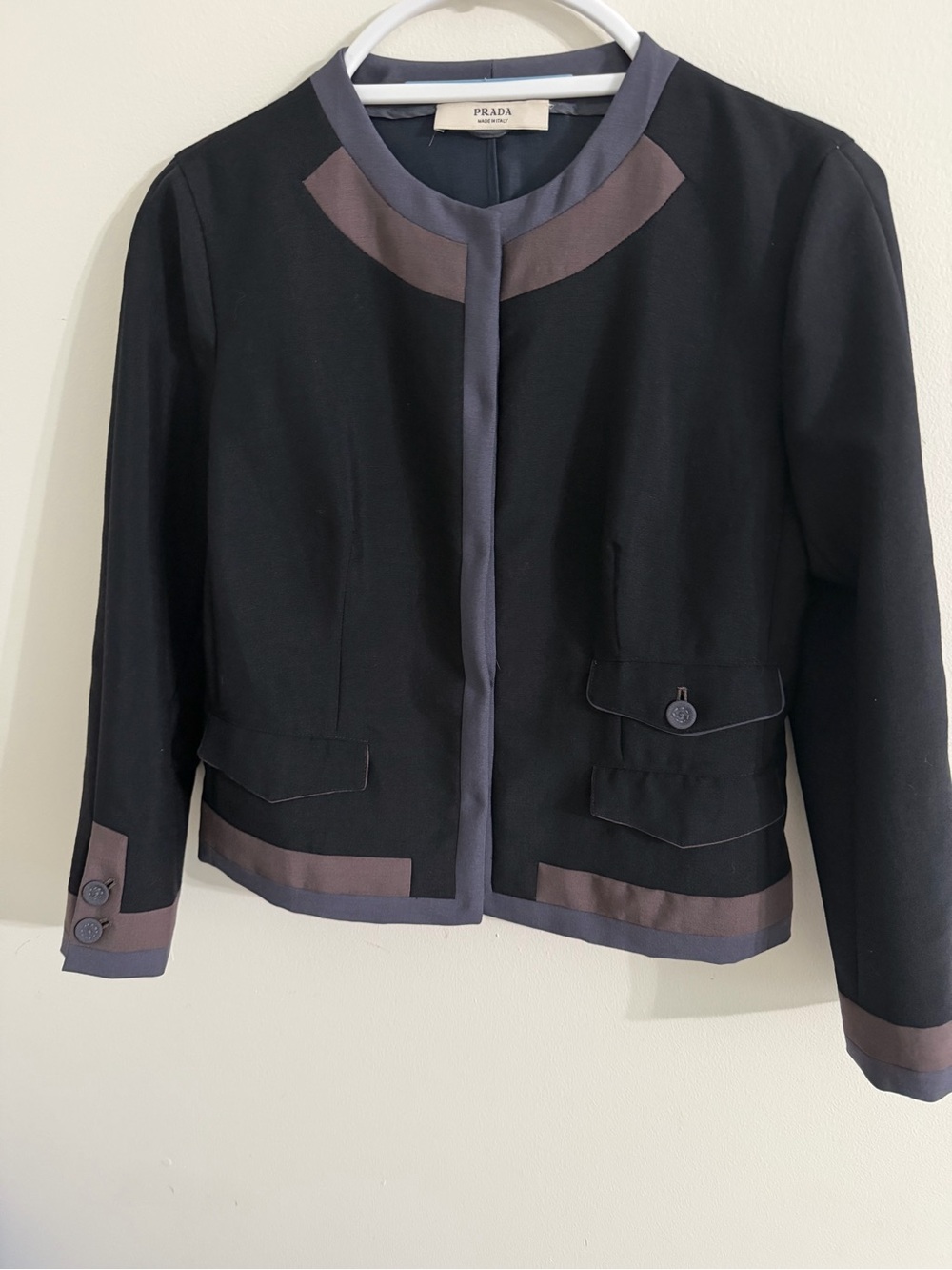 Prada Vintage Black Jacket with Gray and Brown Trim Size 40